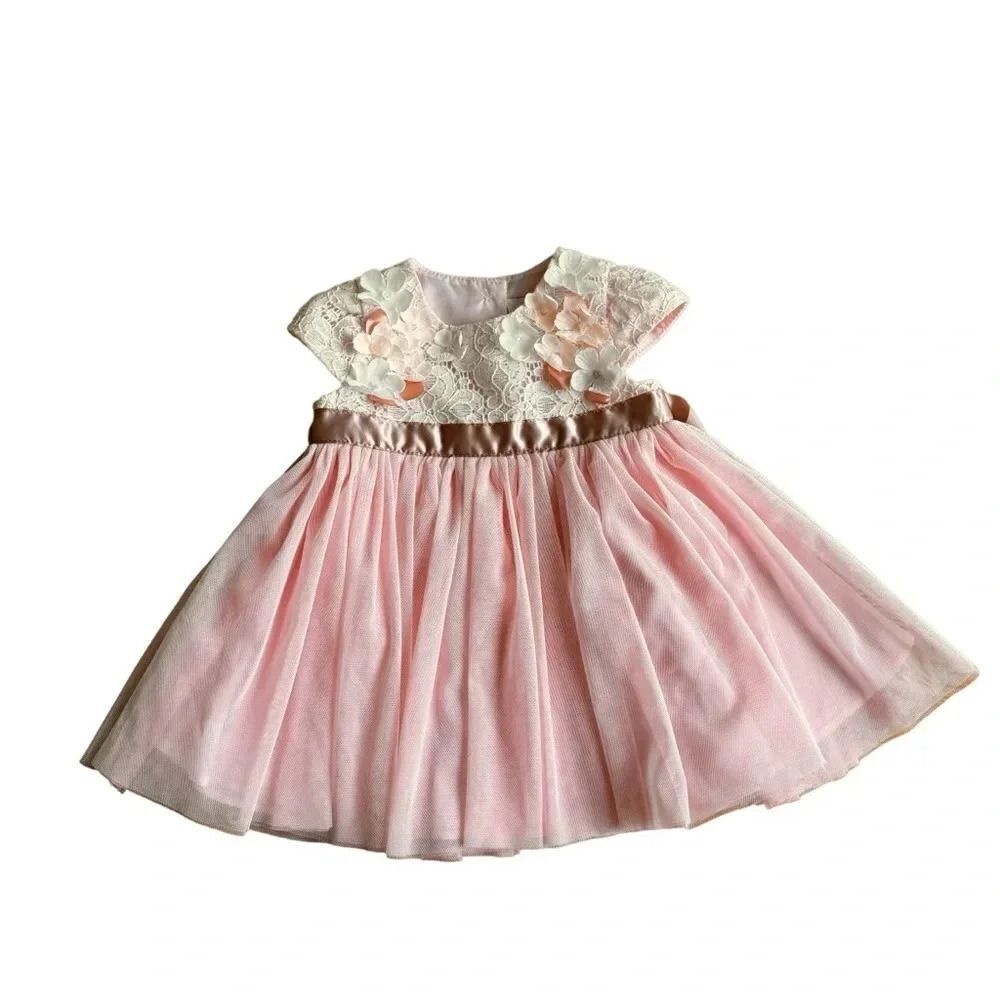 Rare Editions Baby Girl Pink Dress Embellished Lace Top Ruffle skirt 9M New